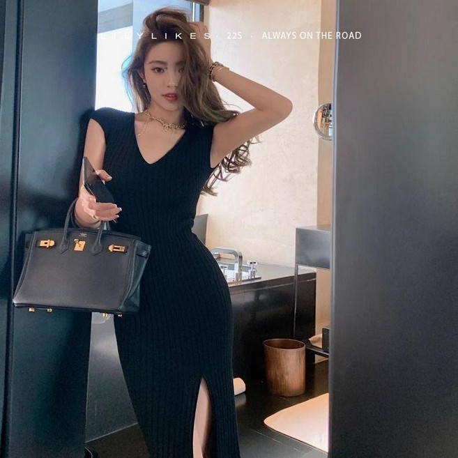 V領針織連衣裙女 修身顯瘦 開叉中長裙 氣質包臀裙, 黑色,XL  建議57.5-62.5公斤, 黑色
