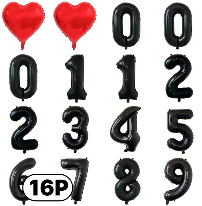 스마일파티 미니 소형 은박 숫자 번호 풍선 16P 하트 새해 생일 기념일, 1세트, 블랙16P