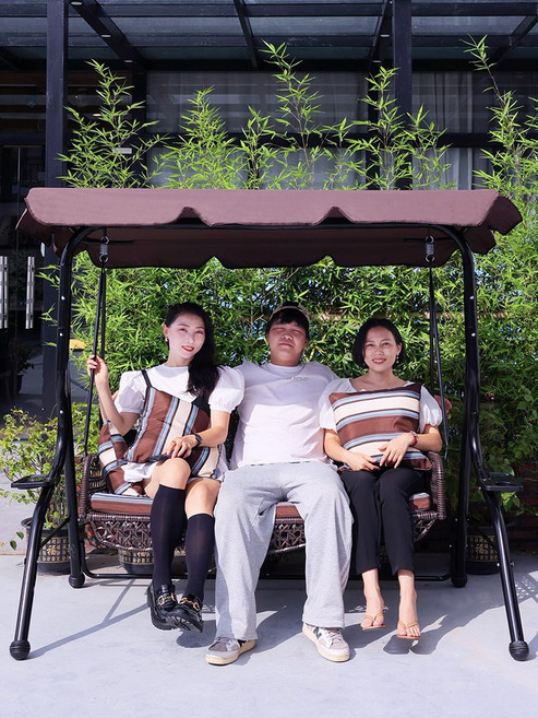 정원의자 조립식 정원 테라스 그네 스윙체어 야외, [08] 럭셔리 브라운 - 차양이 있는 더블 스윙 쿠션