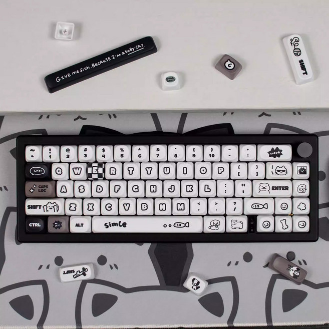 야옹이와 멍멍이 PBT 염료승화캐릭터 키캡 MOA 프로파일 MX 스위치 호환 61/64/68/87/96/104/108 배열 키보드 지원, white