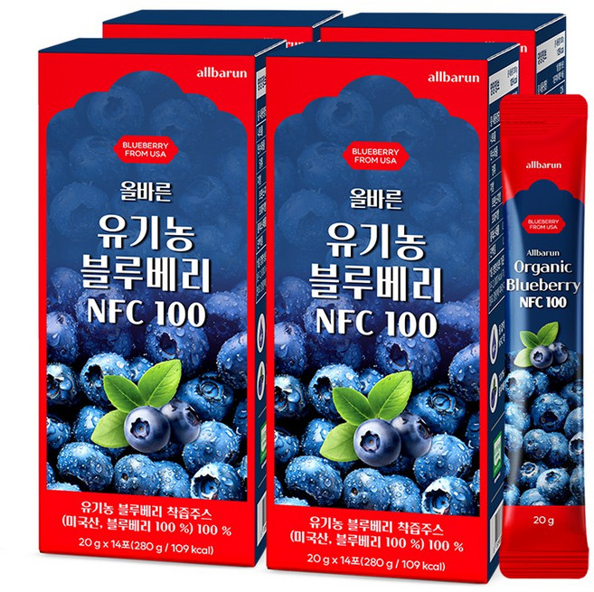 올바른 유기농 블루베리즙 NFC 착즙액 100% 14포, 4박스, 20g