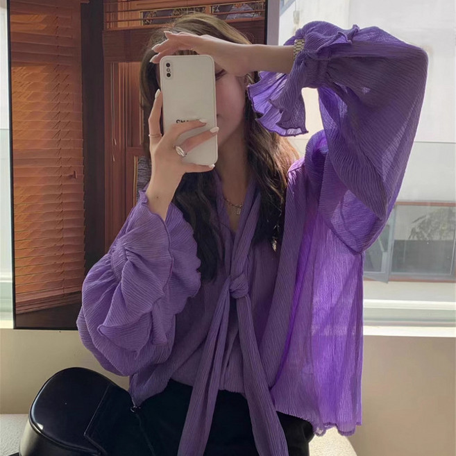 티류으스 여성 2025 봄가을 퍼플 롱소매 쉬폰 블라우스 프렌치스타일 리본 디자인 Z092233