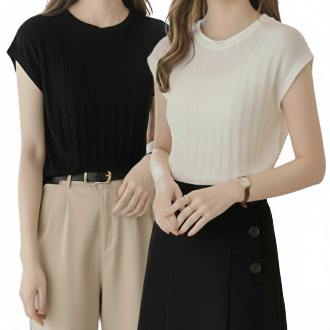 MU랑 여성 캡소매 라운드 골지 니트 나시티