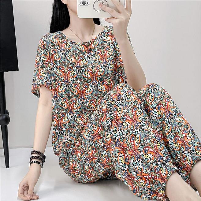 중년 여성 잠옷 세트 여름 할머니 인견 홈웨어 빅사이즈 파자마 반팔 + 배기 팬츠 여자 실내복 상하복 CJJ