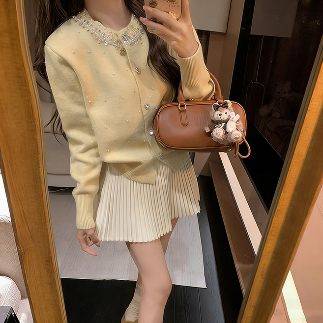 슬림소녀 여성 라운드 비즈 긴팔 숏 가디건 진주패션 도톰 편안한 상의 아우터