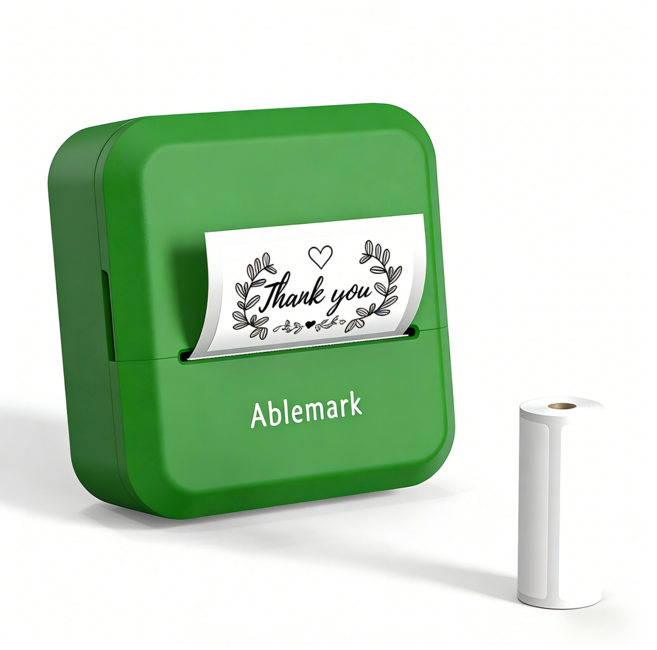 Ablemark 라벨 프린터기 스티커 라벨지포함 고속인쇄 바코드 생성 큐알코드 스캔 가능, 1세트, 그린