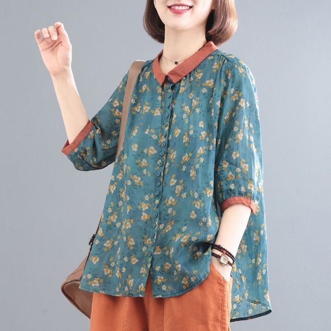 Makone 여성 셔츠카라 린넨 빅사이즈 루즈핏 체형커버 블라우스 플라워 프린트 앞뒤 언발길이 5부소매