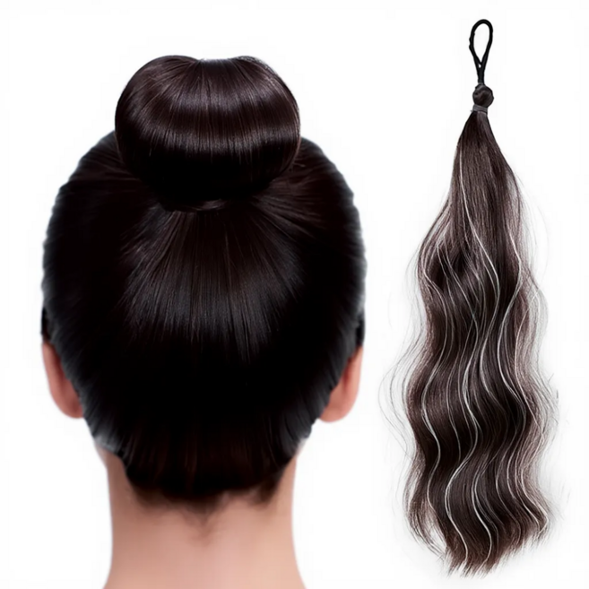 샤에르 10초 완성! 자연스럽고 풍성한 볼륨 올림머리 로우번/ 똥머리/포니테일, 1개, 블랙 화이트