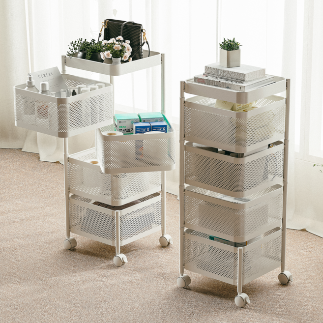 라즈웰 이동식 트롤리 수납함 회전 철제 수납장, 화이트, 4단
