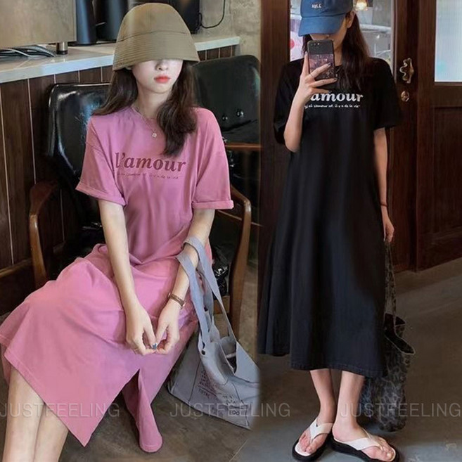 루즈핏 반팔 빅사이즈 롱 원피스 여름 여자 티셔츠 캐주얼 와이드 루즈핏 파자마 롱티셔츠 실내복 JUSTFEELING