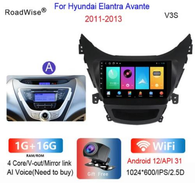 Roadwise-2 Din 안드로이드 자동차 라디오 멀티미디어 카플레이 현대 아반떼 MD I35 2011 - 2016 4G 와이파이 GPS DVD DSP 오토라디오, 3) V3S 1G 16G 11-13