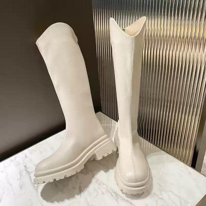 히또리 여성 첼시 롱부츠 통굽 발편한 심플 라운드 뒷지퍼 베이직 가죽 롱부츠