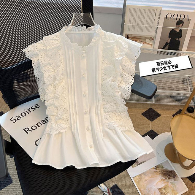 JUSTFEELING 화이트 민소매 프릴 진주장식 셔츠 여름용 기질 젊은보이는 세련된 블라우스