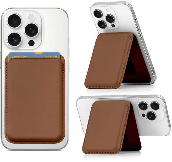 뷰씨 맥세이프 자력 2배 카드 3장 수납 가죽 카드지갑 거치대, 1개, 브라운