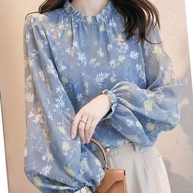 메인워크 중년여성 빅사이즈 반폴라 긴팔 블라우스 봄가을 간절기 엄마룩 데일리 루즈핏 예쁜 플라워 쉬폰 프렌치 기질 아우터 상의