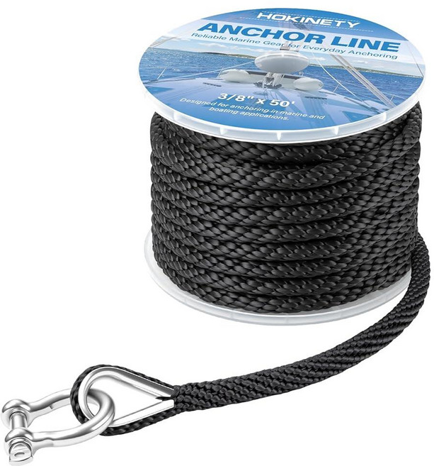 미국출고 평점4.5+ 237940 HOKINETY Boat Anchor Rope 3/8 Inch x 100FT - Marine Grade Line Premium Solid Br, 3/8"x50', Black
