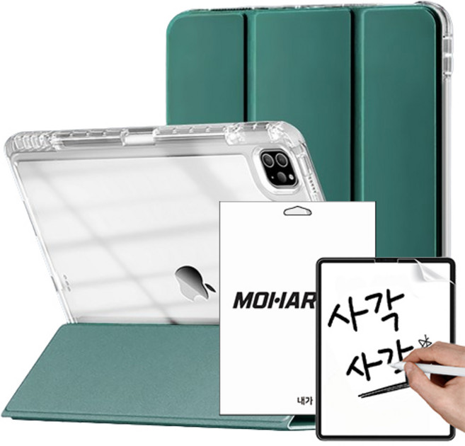 모할랩 아이패드 아크릴 하드 클리어 애플펜슬 수납홀더 케이스 + 아이패드 종이질감 액정보호필름, 05 올리브그린