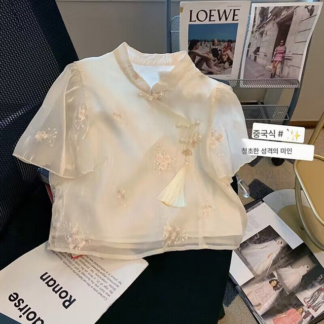 뉴 차이나 자수 부클 망사 셔츠 여 여름 빈티지 개량 치파오 쇼트 블라우스