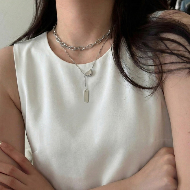 모먼트린 써지컬 두줄 볼드 체인 레이어드 드롭 목걸이