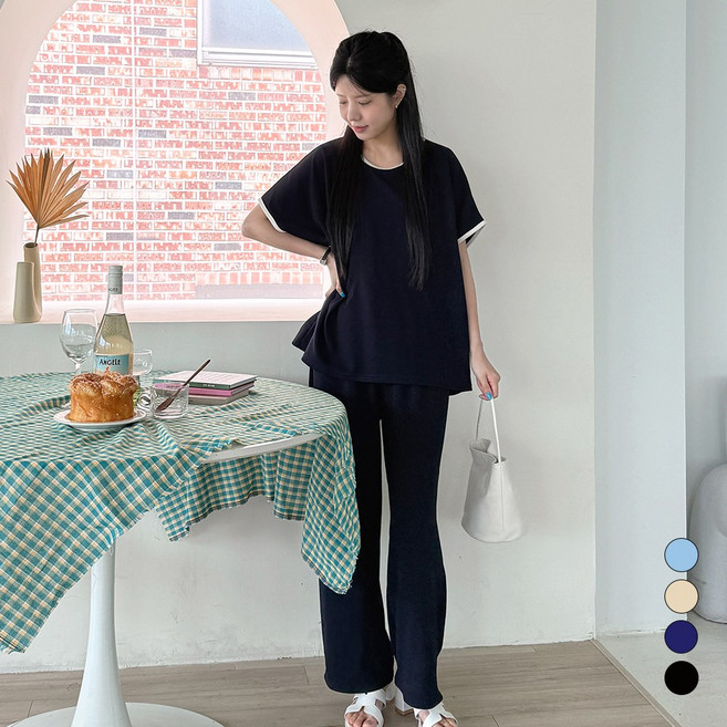 디테일웨어 여성 디바 배색 반팔 투피스 세트 빅사이즈 상하세트 임부복 홈웨어 밴딩 와이드팬츠 꾸안꾸룩 여름세트