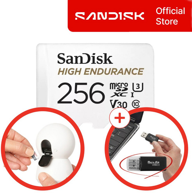 샌디스크 홈카메라 CCTV 홈캠 전용 메모리카드 타포 C210 C225 C500 헤이홈 G2 Pro 도어벨 유피 샤오미 완벽호환 microSD + 마이크로 리더기 패키지, 1개, 256GB