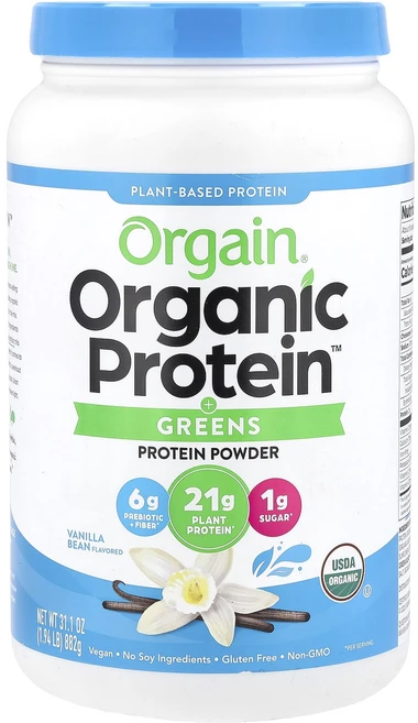Orgain 프로틴 앤드 그린스 파우더 식물성 바닐라 빈 882g, 5개 - 쿠팡