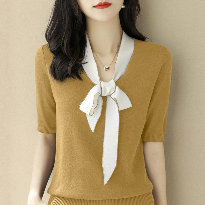 피치레이디 리본 배색 니트 반팔티