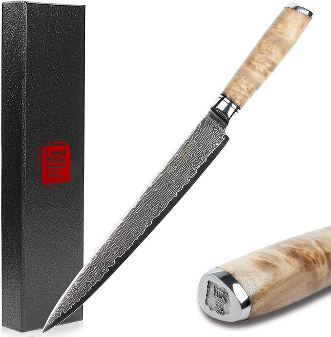 YOUSUNLONG Yanagiba 사시미 나이프 25.4cm(10인치) - 일본 다마스커스 스틸 해머드 텍스처 및 더블 엣지 블레이드 스시 생선 슬라이싱 벌나무 손잡이 칼, YOUSUNLONG Yanagiba 사시미 나이프 25