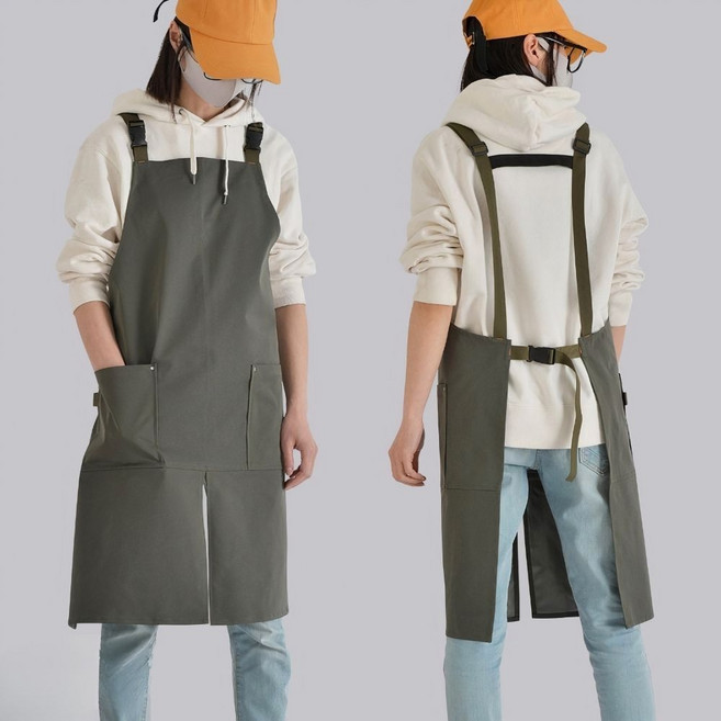 다용도 방수 앞트임 바리스타 전문가용 앞치마 카페 공방 주방 미술 미용실용, 카키, 1개