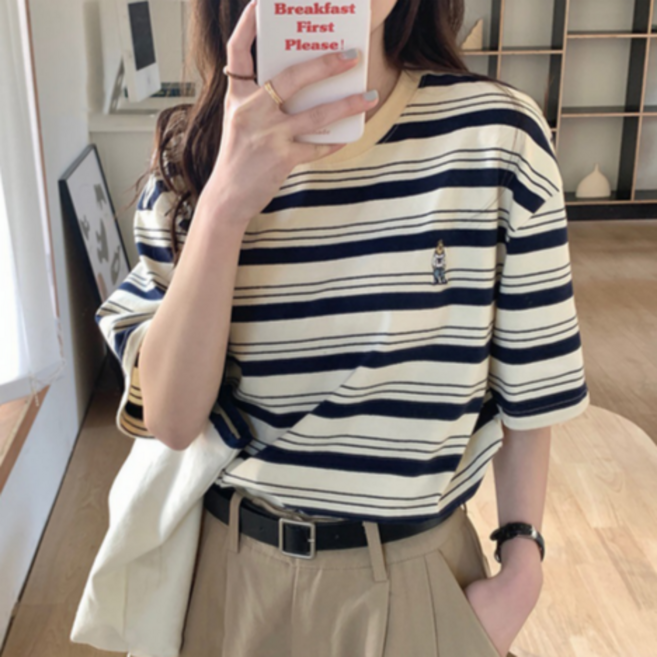 레드에셋 여성용 반팔 티셔츠 곰돌이 자수 스트라이프