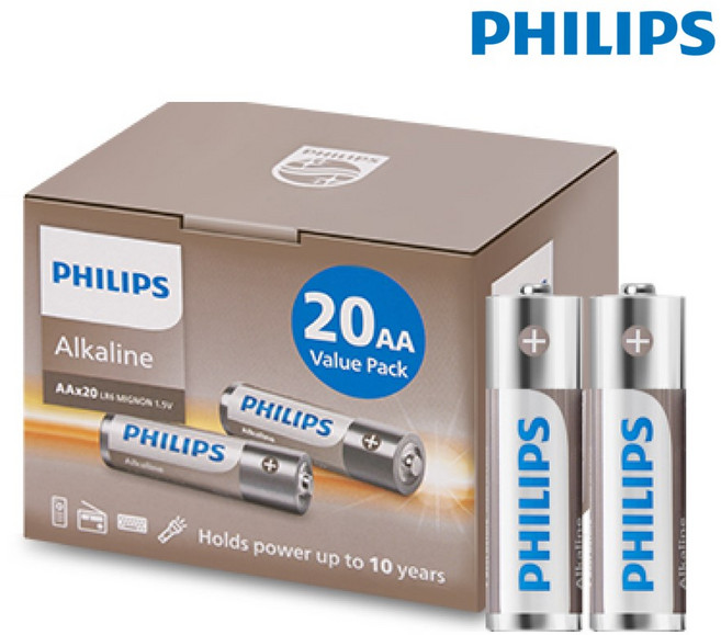 필립스 알카라인 AA 대용량 건전지, 1개, 20개입