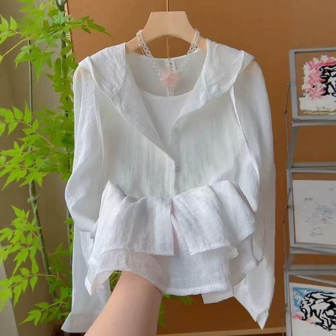 防曬襯衫 連帽休閒外套女夏季, 白色,L 55.0-62.5公斤