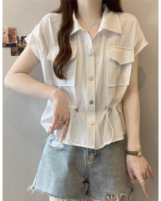 PETITBATH 여름 여성 린넨혼방 세미루즈핏 스트링허리 버튼업 포켓 반팔 셔츠블라우스 모던 20250712 CS WH 4105