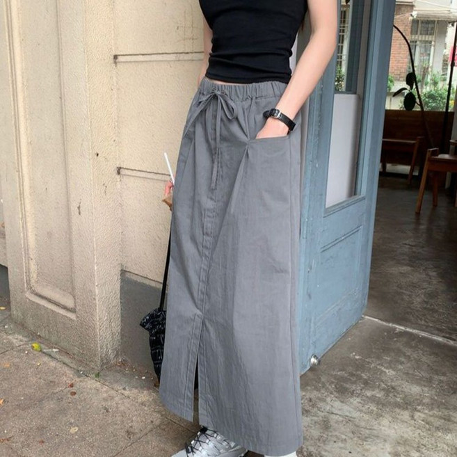 AOKADA 여성 카고 스커트 밴딩 하이웨스트 와이드 포켓 스트링 A라인 롱 치마