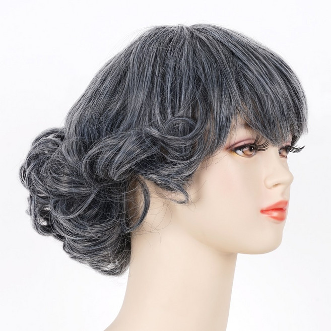 파티짱 할머니 가발 노인 파티 쪽진머리 파마, 할머니 파마 가발 (그레이)