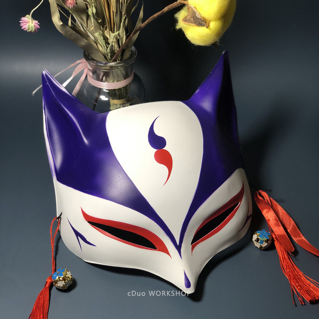 日式復古風發光狐狸面具，半臉cos花臉設計，適合舞會派對裝扮，萬聖節古風面罩，展現獨特風格, 1個, 彩繪款A13, 彩繪款A13