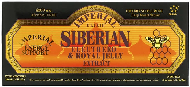 Imperial Elixir 시베리아 가시오갈피 앤드 로열젤리 추출물 무알코올 4000mg 10병 각 10ml(0.34oz), 1개, 10ml - 쿠팡