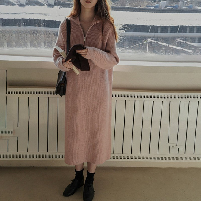 크레스티 여성 루즈핏 골지 니트원피스 카라넥 반집업 롱 원피스