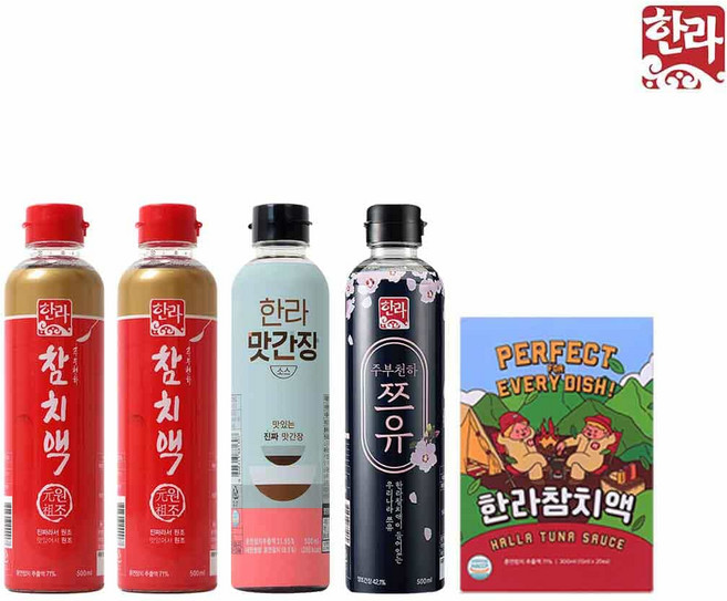 한라식품 실속구성2(참치액500ml x 2병 + 맛간장소스500ml x 1병 + 주부천하쯔유500ml x 1병 + 참치액스틱 1케이스), 1세트, 1.8L