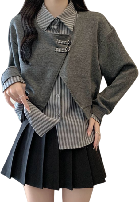 Makone 여성 가을 겨울 레이어드 스트라이프 루즈핏 캐주얼 가디건 패치 투인원 티 셔츠