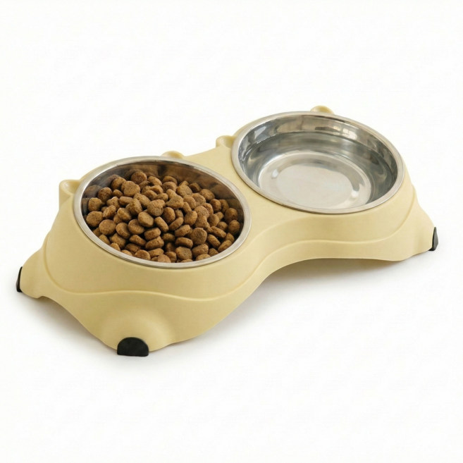 PAWLY 구토방지 15도 경사형 강아지 고양이 2구 스텐 식기 미끄럼방지 밥그릇, 1개, 베이지