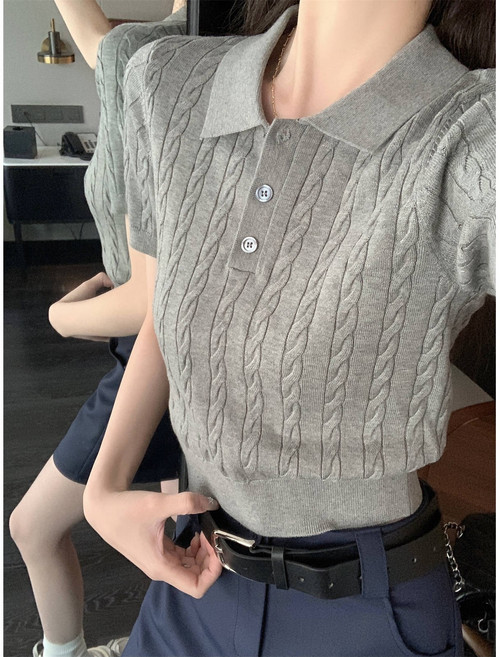 사수자리네 슬림핏 데일리 골지 카라 반팔 니트