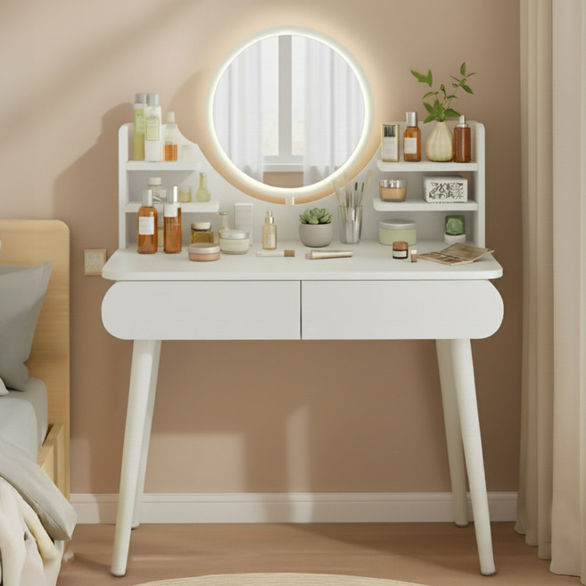 소프트엣지 LED 원목 수납 화장대, 화이트 +화이트