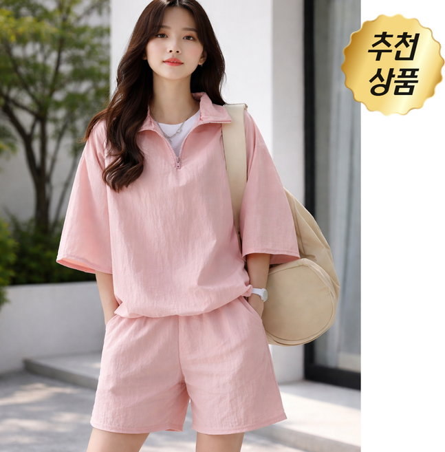 에쉬울프 여성 여름 바스락 반집업 아노락 반팔 밴딩 반바지 트레이닝복 세트 투피스 데일리 셋업