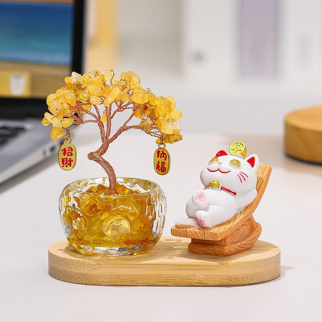 招財貓水晶發財樹擺件, 躺賺招財貓+發財樹+底座