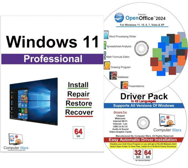Windows 11 Professional 64비트 설치 DVD와 호환/교체 가능한 컴퓨터 Werx 키 수리 복구 및 복원 DVD Open Office 2024 및 드라이, Windows 11 Professional 64비트 설