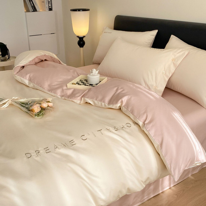 퓨어코튼 자수 디자인 침대시트 베개커버 인테리어업 매트리스 커버 침대시트, 밀크 쉐이크 화이트 + 파우더 [절묘한 자수 부드럽고, 적용 가능한 0.9-1.2 m 침대 시트 세트, 150