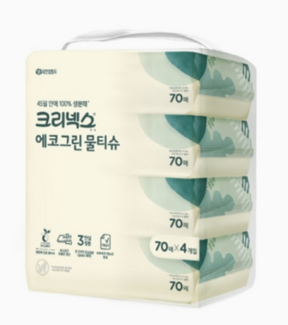 크리넥스 에코그린 물티슈 70매 4개입 100% 생분해, 4개