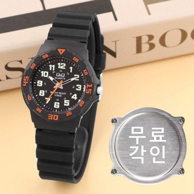 무료각인 큐앤큐 VR19J-008Y 학습에 좋은 스포티 베젤 블랙오렌지 어린이 아동 우레탄 시계 d
