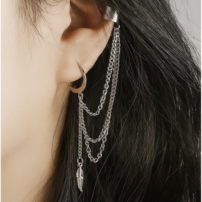 써지컬스틸 빈티지 깃털 체인 레이어드 드롭 원터치 링 투핀 투웨이 귀걸이 귀찌 피어싱 이어커프 남자